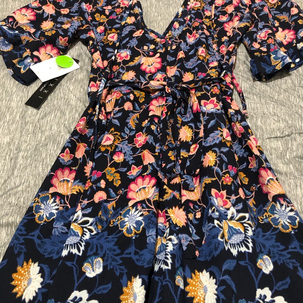 Trixxi Navy Floral Wrap Jumpsuit with Pink & Blue Accents